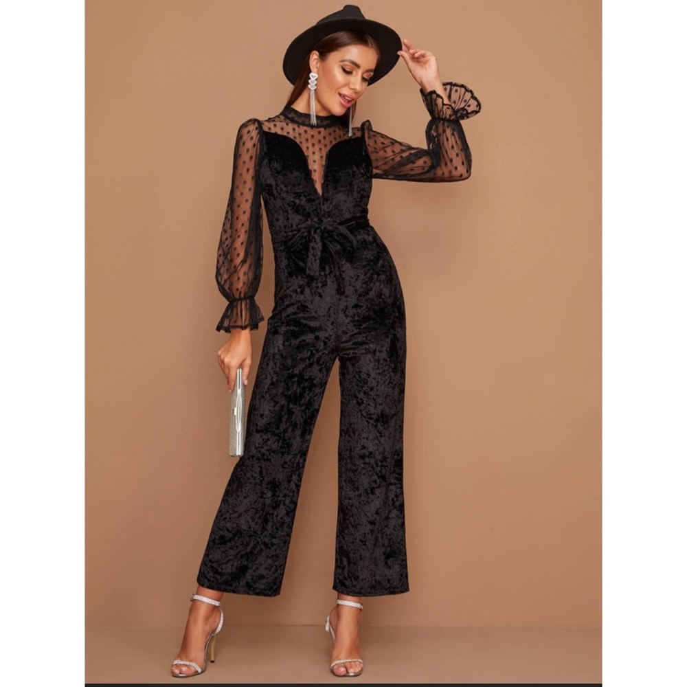 Black Velvet Wide Leg Jumpsuit with Sheer Sleeves